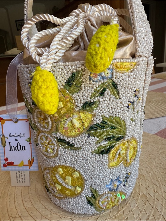 Handbags - Beaded Lemon Drawstring Mini Bucket Bag - White & Yellow & Blue viral